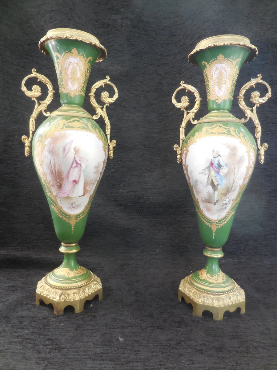 Pair Of Porcelain Vases Mounted Bronze Sèvres Decor 19th Century