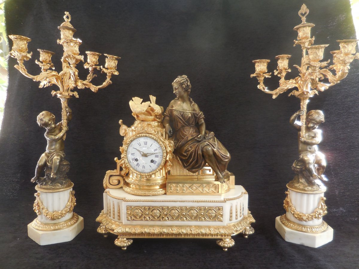 Grande Garniture De Cheminée Bronze Doré Sg Leroy Et Fils Horloger Du Roi à Paris ép XIXe