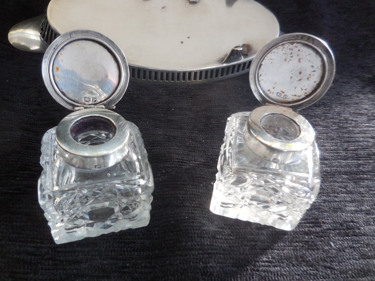 Navette Inkwell In Silver And Cut Crystal Mo Gnet Rh London 1910 Th. George V-photo-3