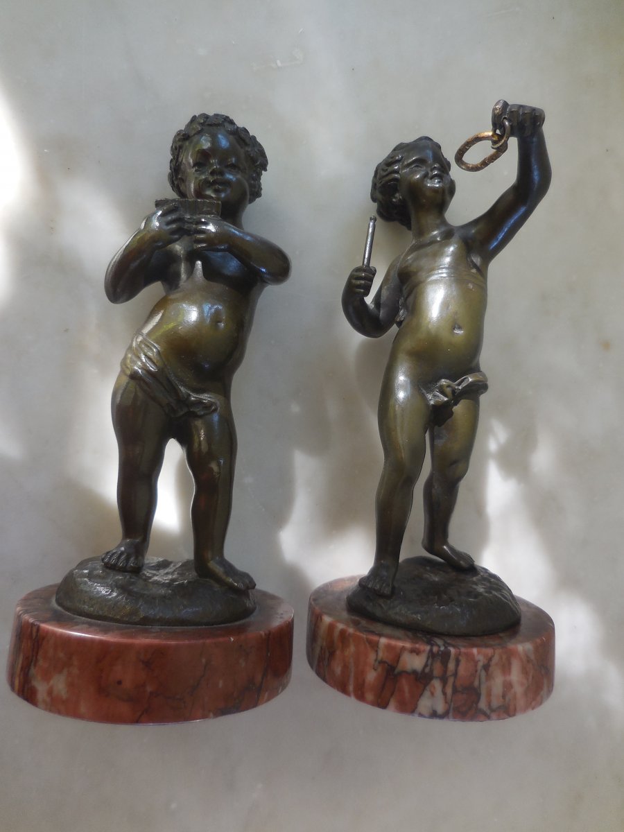 Pair Of Subjects Les Amours Musicians Patinated Bronze Sg Clodion Ht 19cm Th. Nineteenth-photo-4