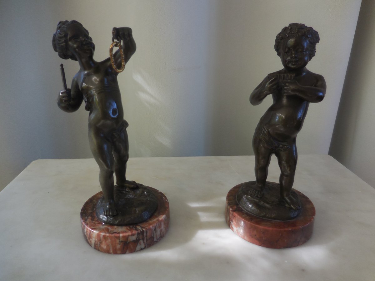 Pair Of Subjects Les Amours Musicians Patinated Bronze Sg Clodion Ht 19cm Th. Nineteenth