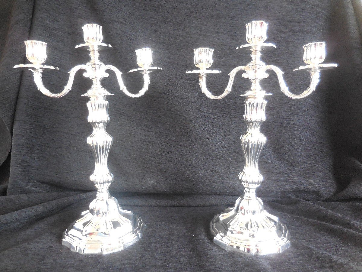 Pair Of Silver Bronze Candelabra With Crowned C Louis XV (1745-1749) Tbe Ht 40cm