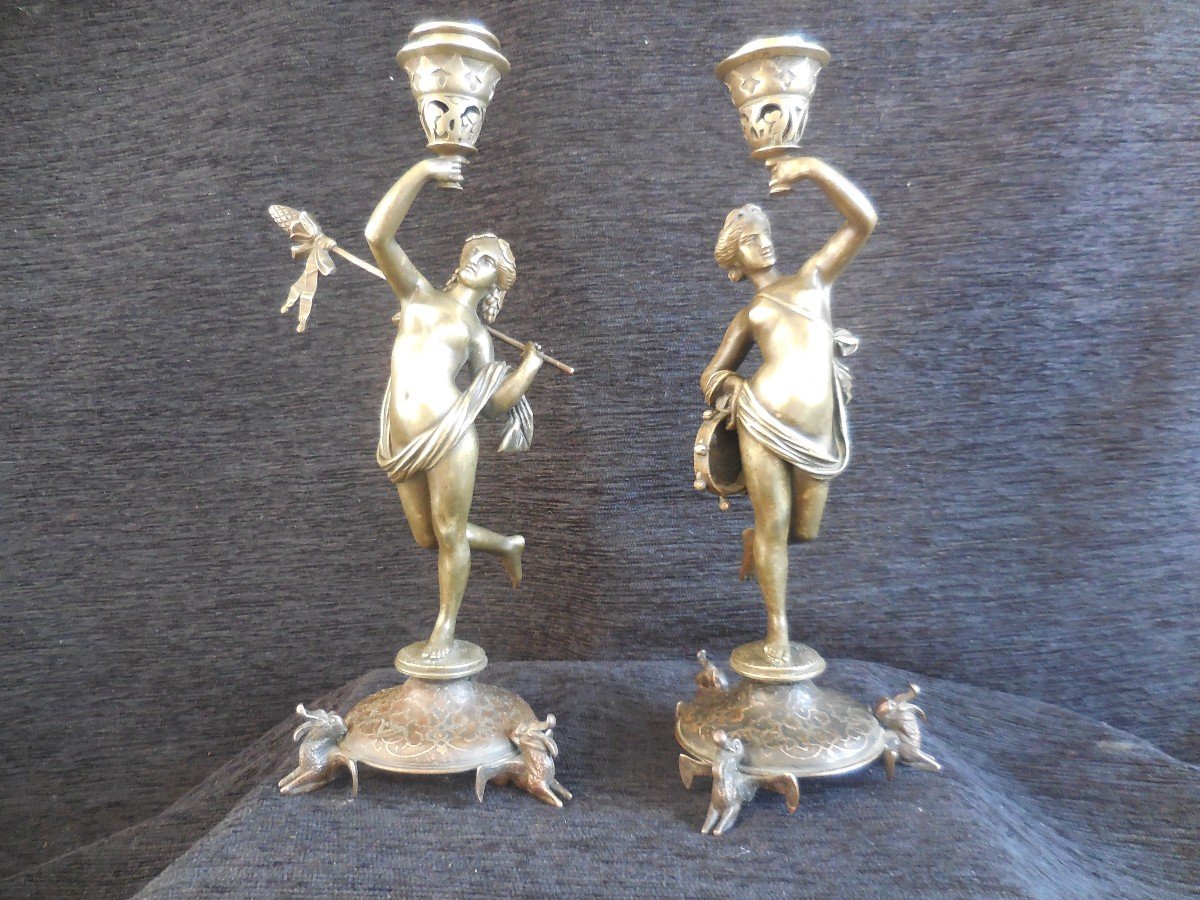 Pair Of Candlesticks With Muses In Bronze By Alfred Daubrée Nineteenth Time-photo-1