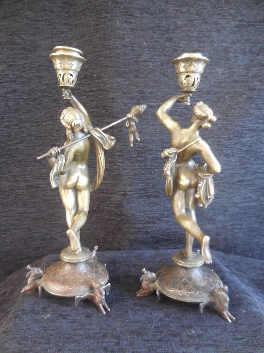 Pair Of Candlesticks With Muses In Bronze By Alfred Daubrée Nineteenth Time-photo-4