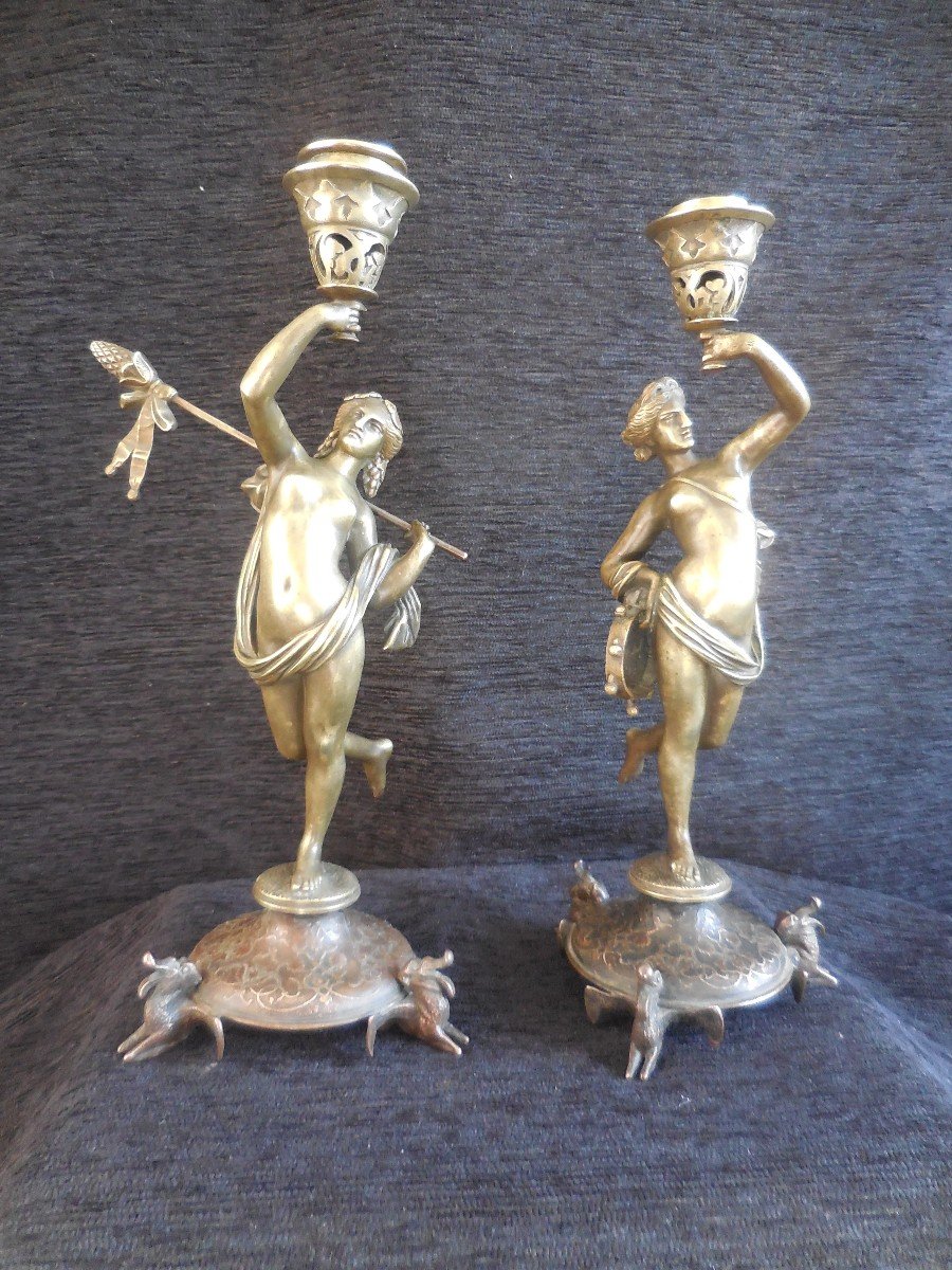 Pair Of Candlesticks With Muses In Bronze By Alfred Daubrée Nineteenth Time