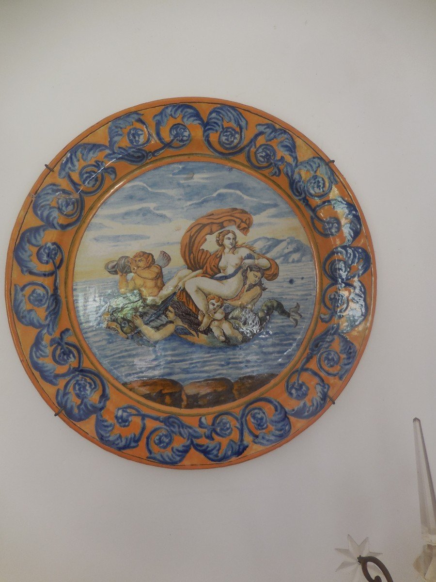 Pair Of Large Dishes In Italian Majolica Amphitrite And Poseidon XIX Be Diam 45cm-photo-2