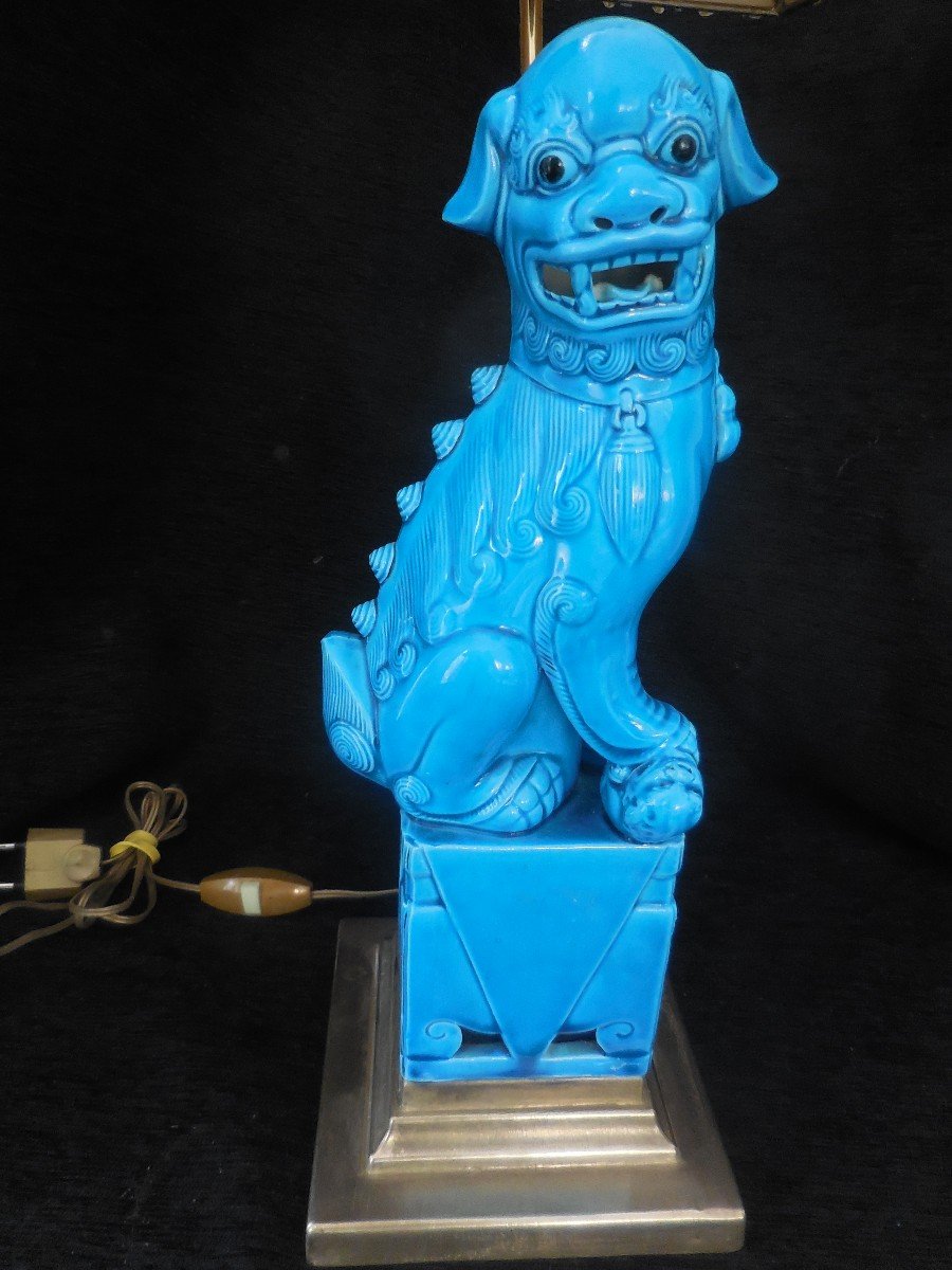 Lamp Subject Dog Of Fo Faience China Mounted Bronze Twentieth-photo-4