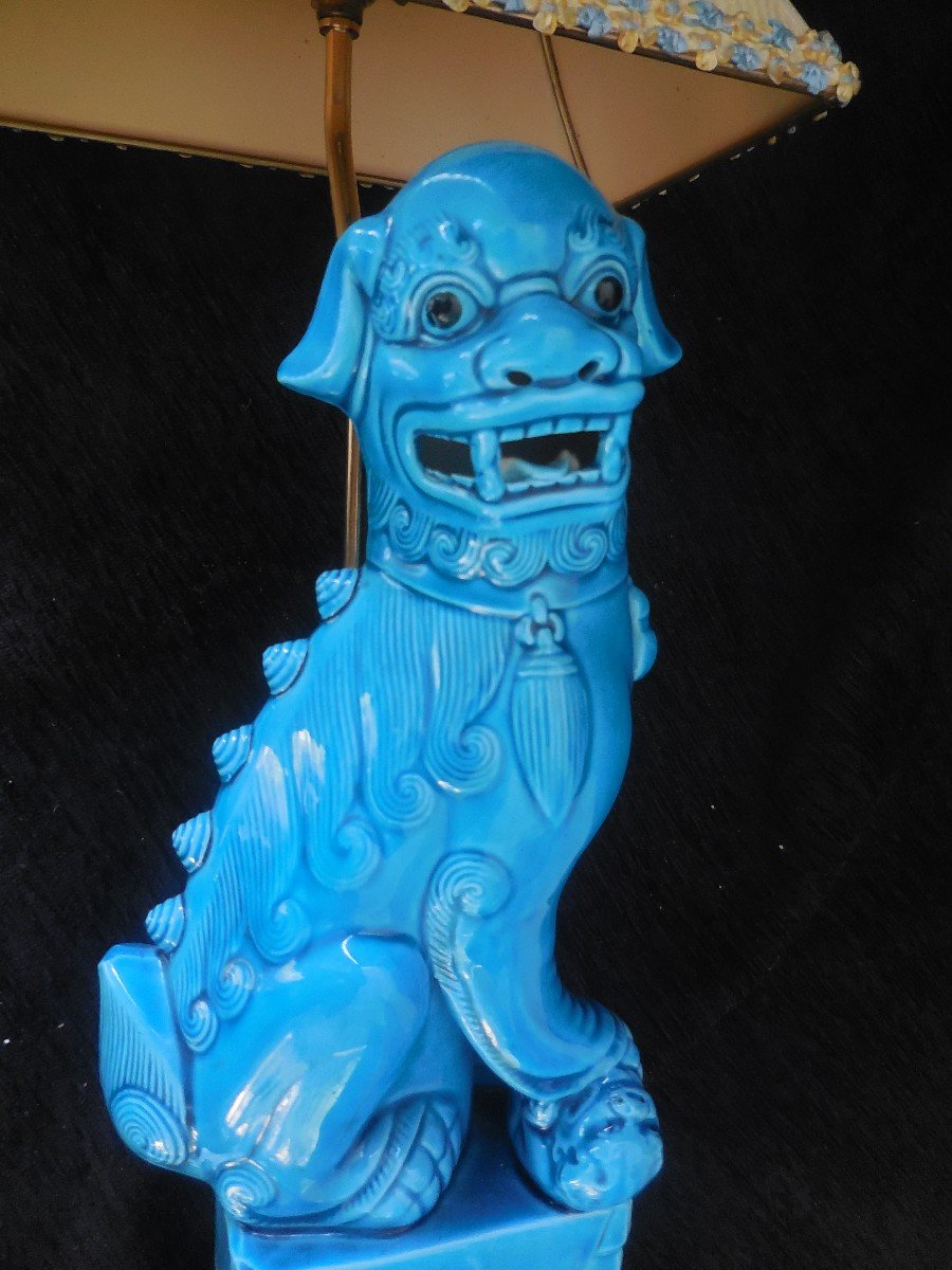 Lamp Subject Dog Of Fo Faience China Mounted Bronze Twentieth-photo-2