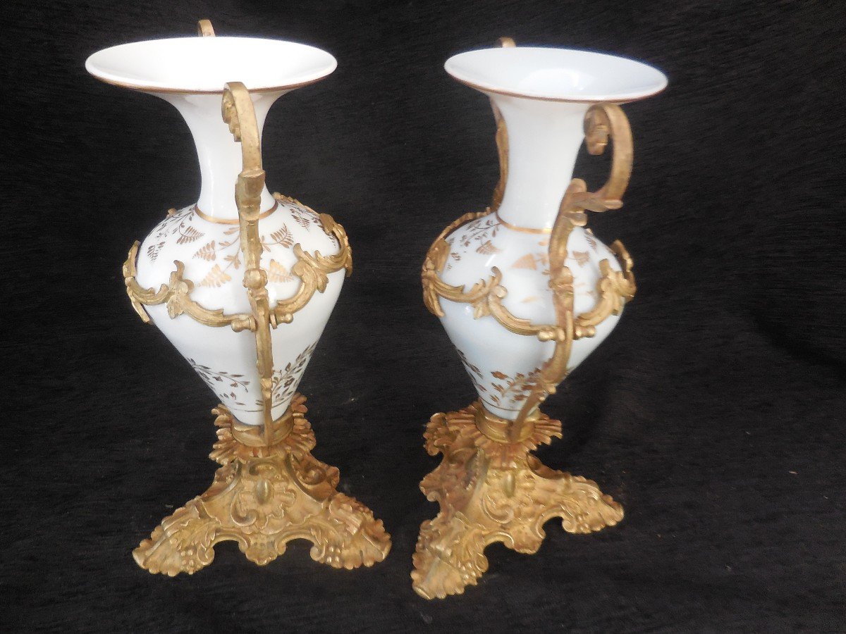 Pair Of Opaline Vases Gilt Bronze Frame Napoleon III Nineteenth H 27cm-photo-3