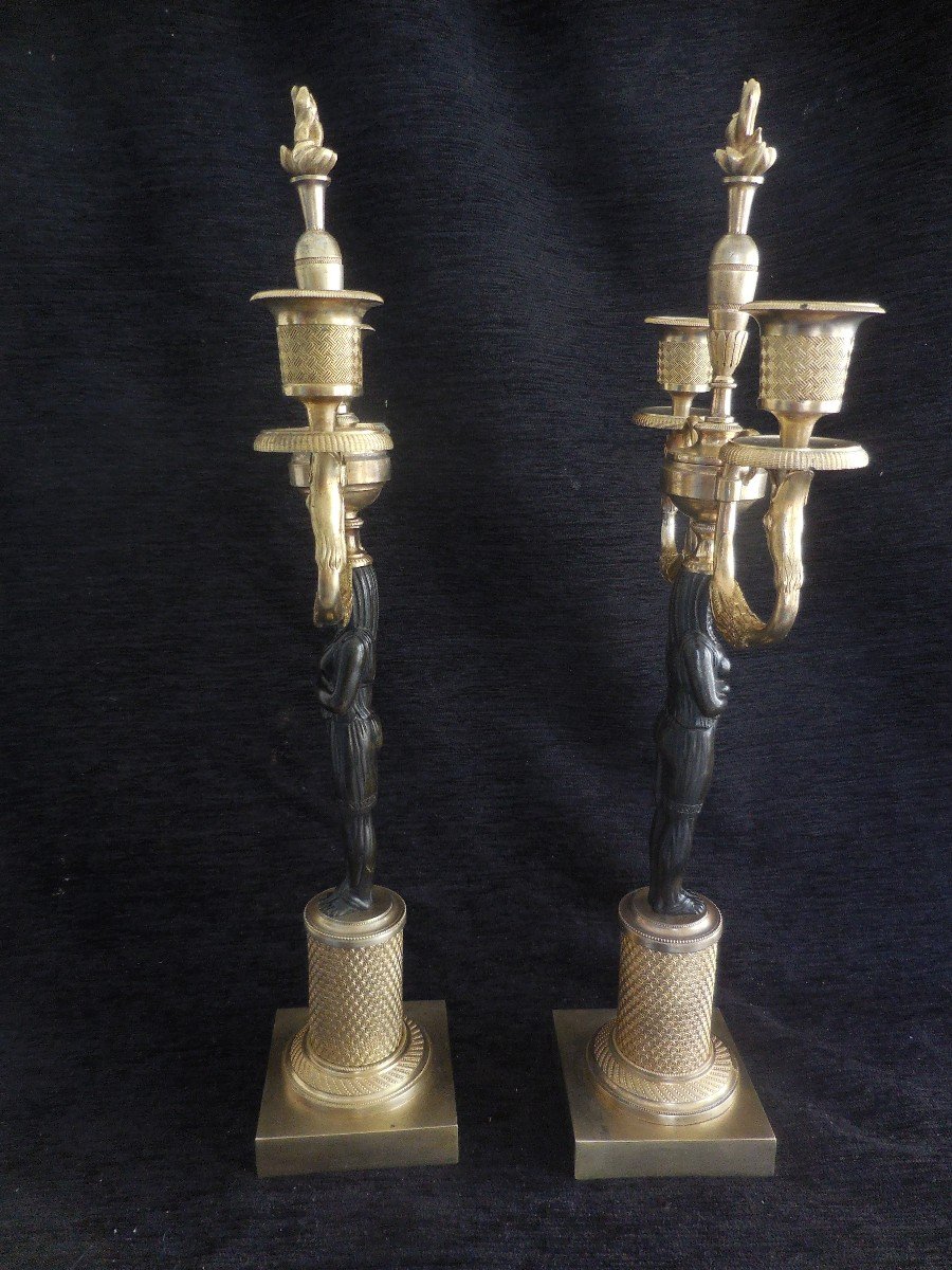 Pair Of Candelabra In Patinated And Gilded Bronze Return From Egypt Empire Period Early Nineteenth-photo-2
