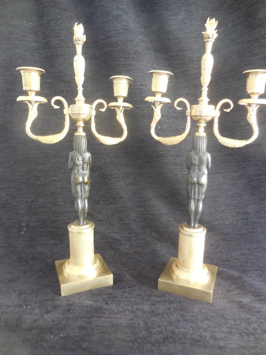 Pair Of Candelabra In Patinated And Gilded Bronze Return From Egypt Empire Period Early Nineteenth-photo-3