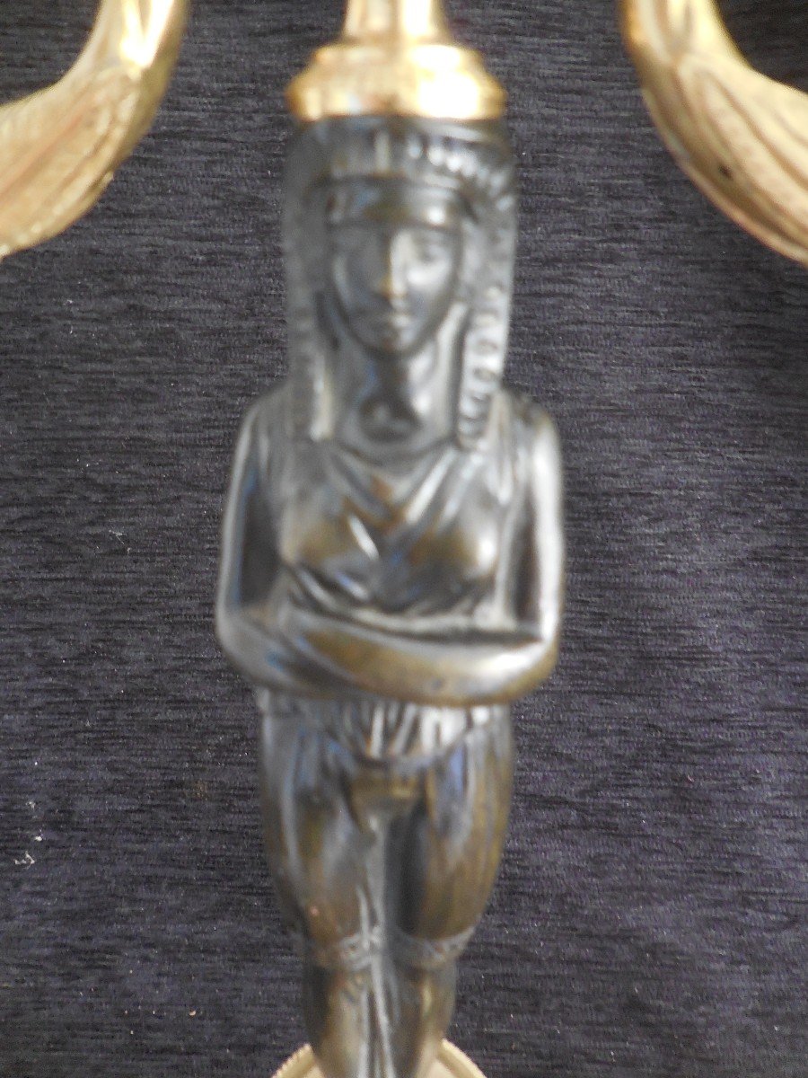 Paire De Candélabres  En Bronze Patiné Et Doré Retour d'Egypte époque Empire Début XIXe-photo-4