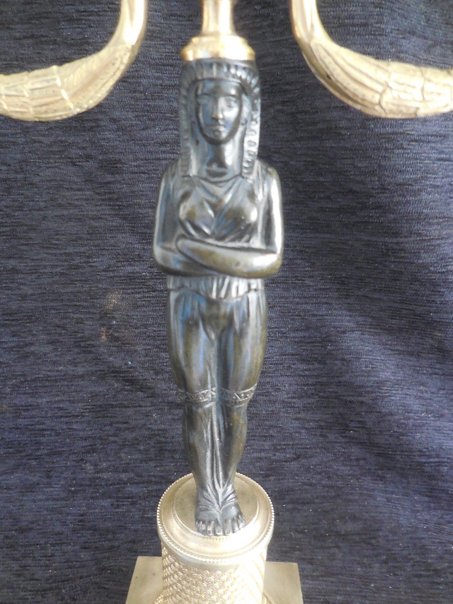 Paire De Candélabres  En Bronze Patiné Et Doré Retour d'Egypte époque Empire Début XIXe-photo-1