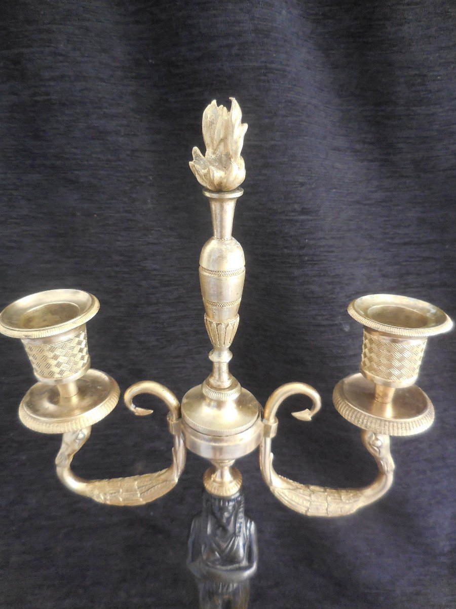 Paire De Candélabres  En Bronze Patiné Et Doré Retour d'Egypte époque Empire Début XIXe-photo-6