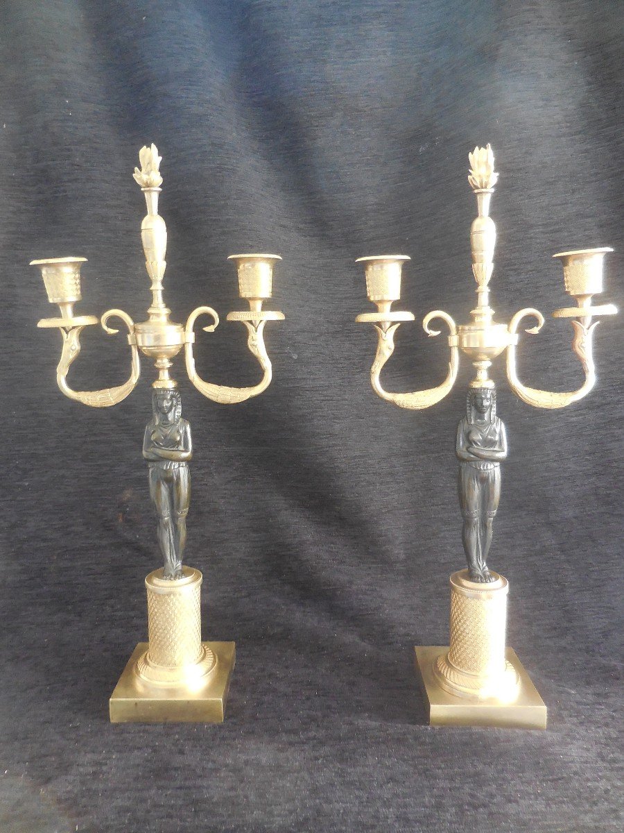 Paire De Candélabres  En Bronze Patiné Et Doré Retour d'Egypte époque Empire Début XIXe
