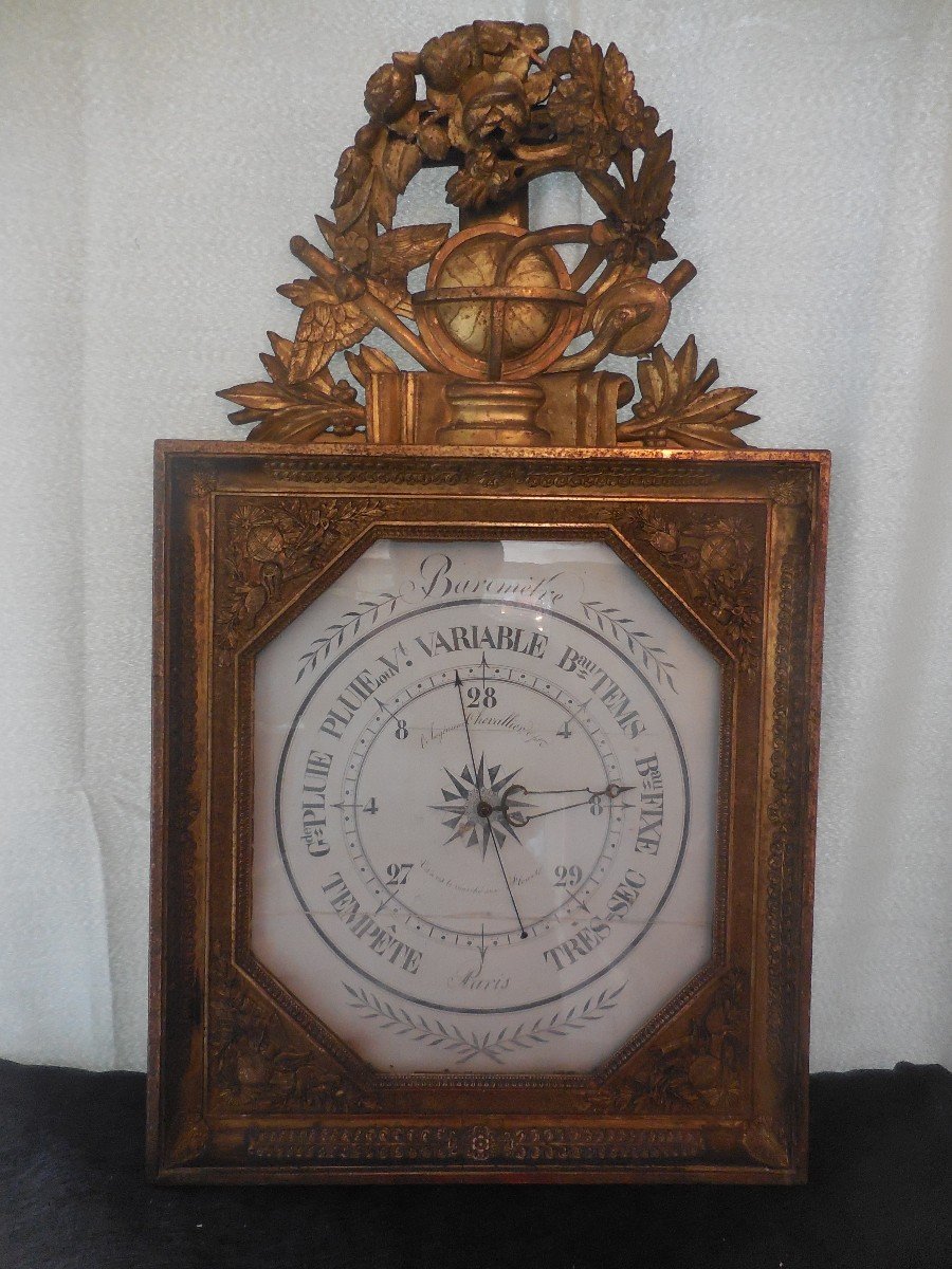 Golden Wood Barometer Empire Period Early Nineteenth Signed Chevallier In Paris Ht 86cm
