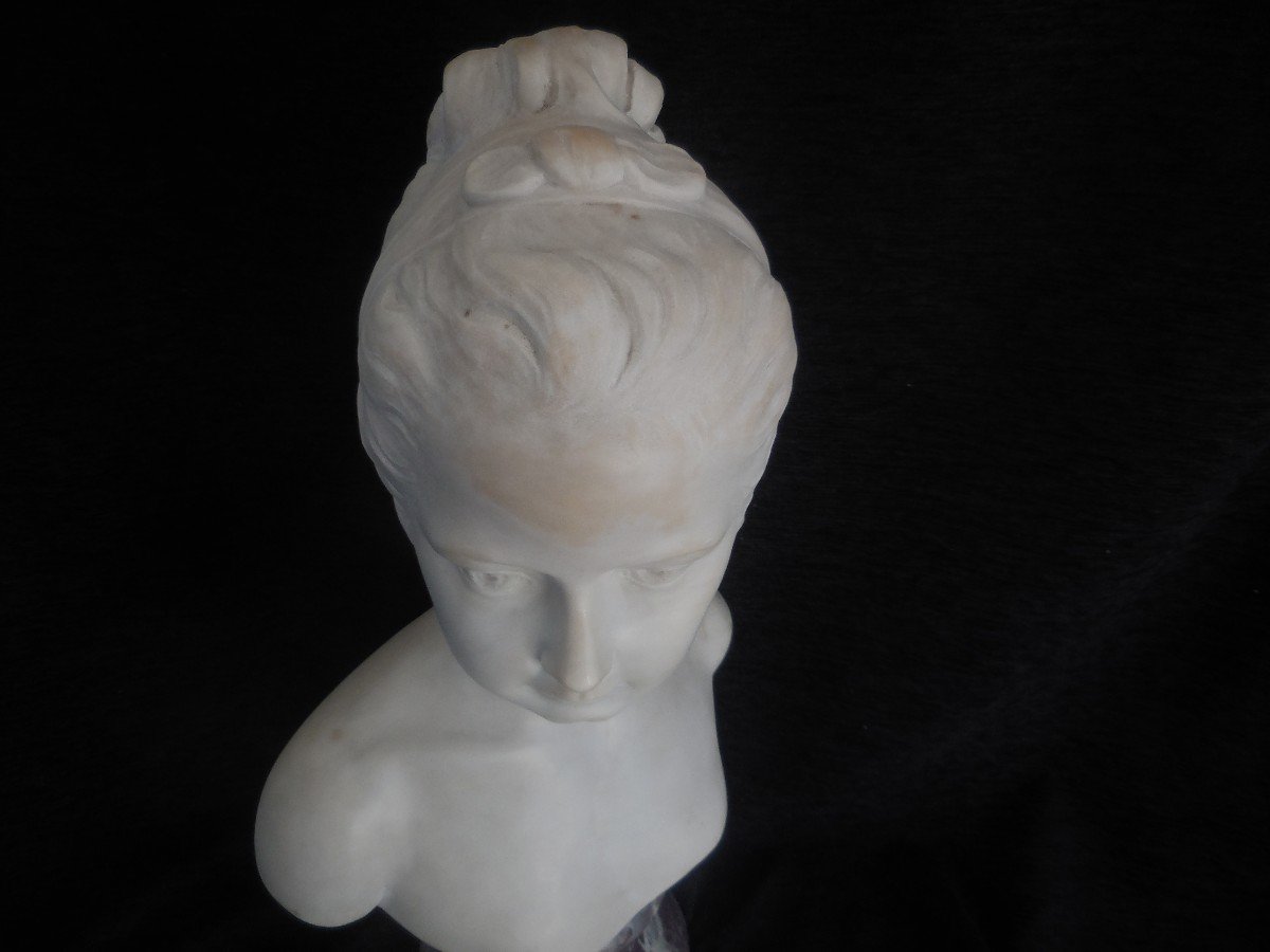 Sculpture Buste De Jeune Fille Marbre Blanc Sur Piédouche  époque XIXe Sht52cm-photo-2