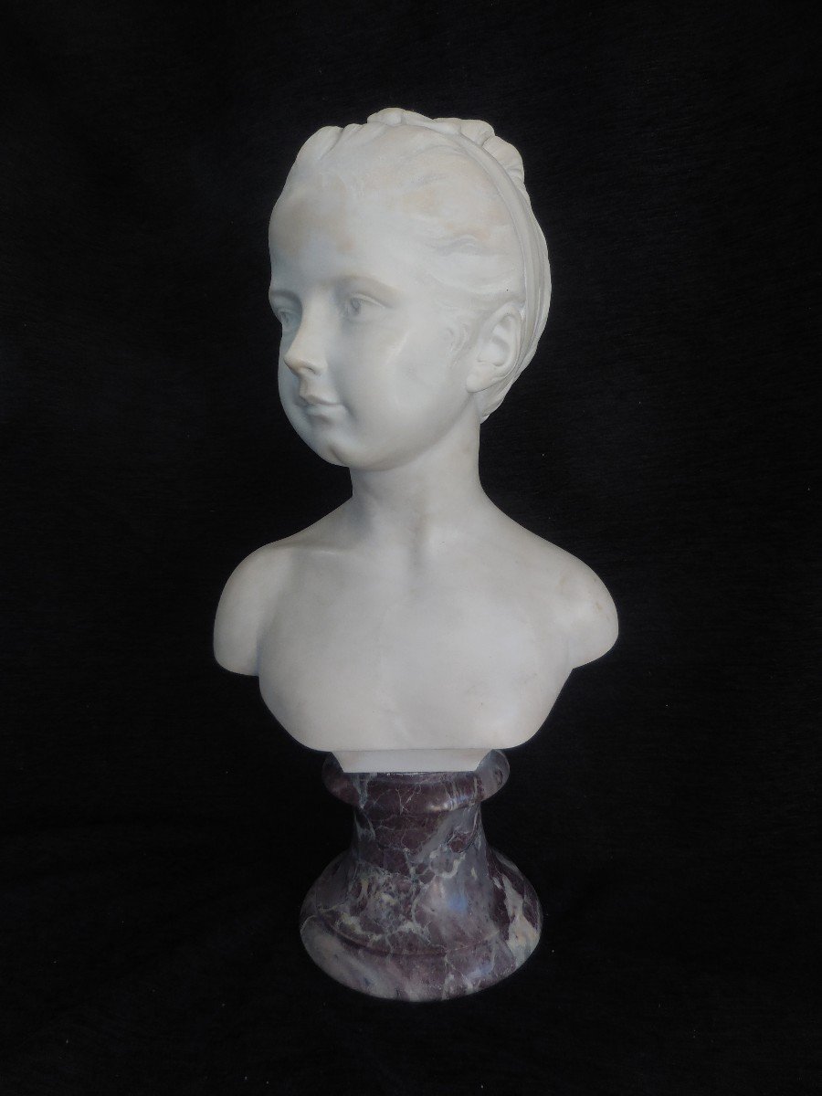 Sculpture Buste De Jeune Fille Marbre Blanc Sur Piédouche  époque XIXe Sht52cm-photo-1