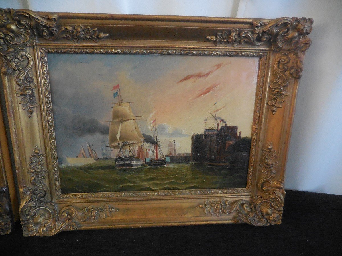 Pair Of Marines Oils On Canvas XIX Period Frames Be-photo-3