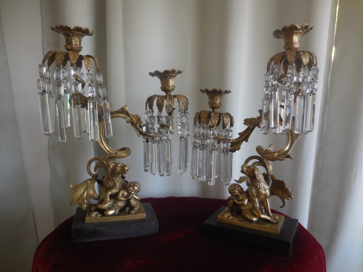 Pair Of Bronze Crystal Candelabra Nineteenth Time (provenance Vte Property Cher La)