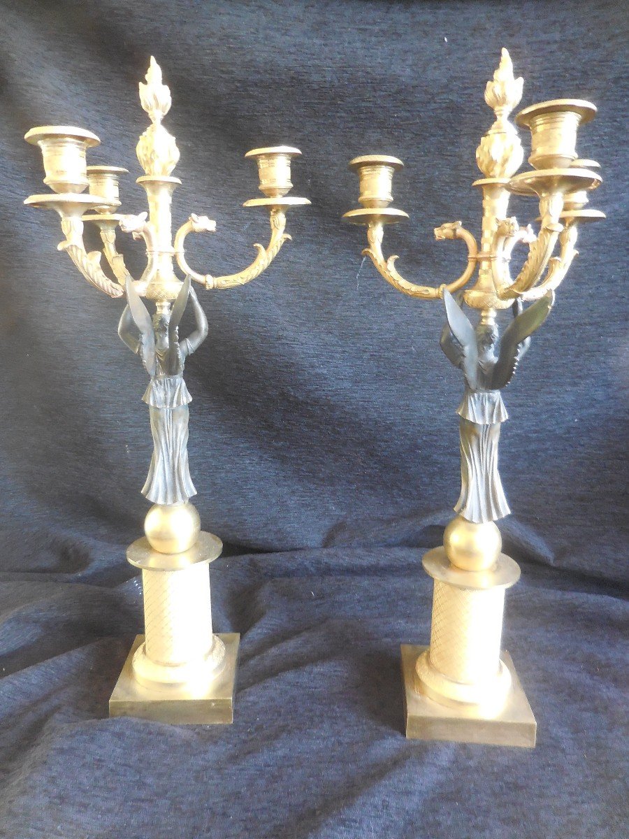 Pair Of Candelabras Gilt Bronze And Patinated Empire Period Early Nineteenth-photo-3