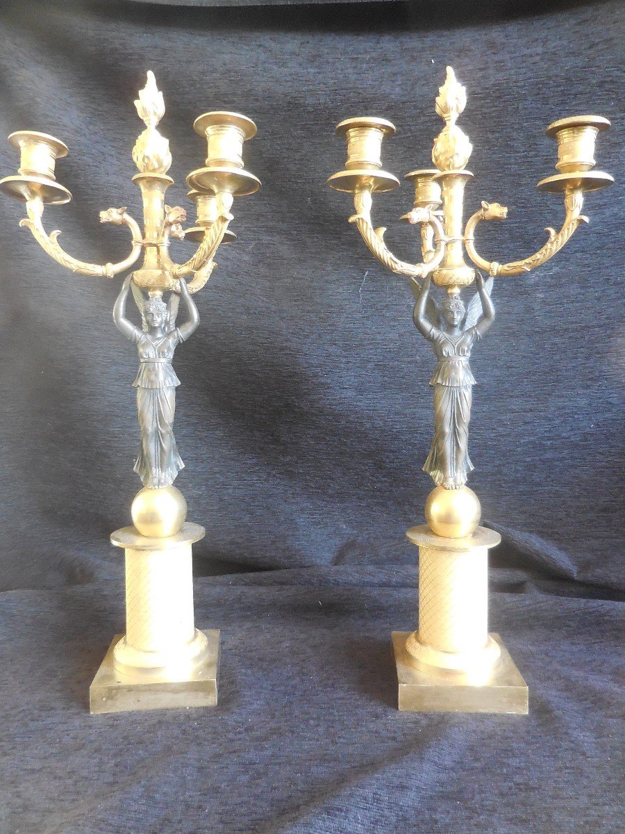 Pair Of Candelabras Gilt Bronze And Patinated Empire Period Early Nineteenth-photo-4