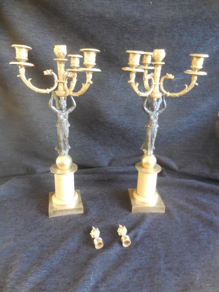 Pair Of Candelabras Gilt Bronze And Patinated Empire Period Early Nineteenth-photo-5