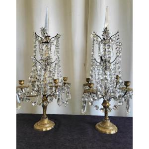 Paire De  Grandes  Girandoles  Cristal Bronze époque XIXe H70 