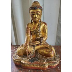 Bouddha Bois Doré Et Laqué  Birmanie époque XIXe Siècle  H40cm