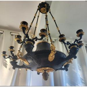 Patinated And Gilded Bronze Chandelier Restoration Period Early 19th Century