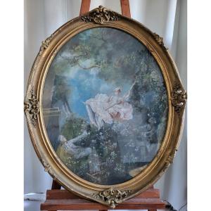 Grand Pastel  'l Escarpolette "Sv De J H Fragonard Cadre  époque XIXe  H97cm