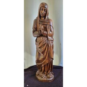  Large Virgin In Prayer Sculpture Natural Wood 17th Century 
