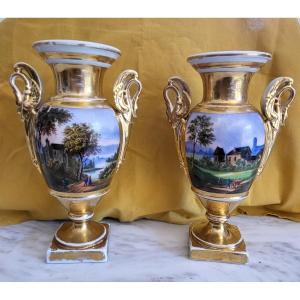 Paire De Vases Porcelaine De Paris  époque Restauration XIXe  Be