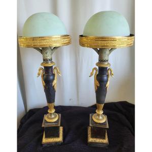 Pair Of Carcel Bronze And Sheet Metal Lamps, Empire Period, Early 19th Century 