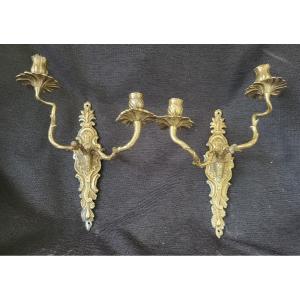 Pair Of Gilt Bronze Sconces With 2 Lights, Louis XV Period, 18th Century, H 37cm