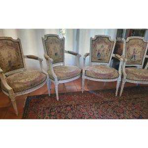 Set Of Four Armchairs Stamped Clmutel, Aubusson Tapestry, Louis XVI Period, 18th Century 