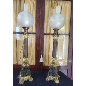 Paire de grandes lampes Carcel a mécanisme  époque  Restauration  H 92cm