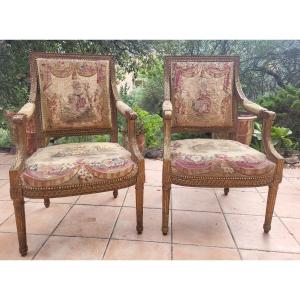 Pair Of Louis XVI Giltwood And Aubusson Armchairs With Flat Backs, 19th Century 