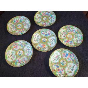 Set Of Six Canto Porcelain Plates, China, 19th Century 