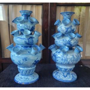 Pair Of Large 19th Century Florence Faience Tulip Pots 