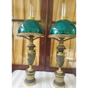 Pair Of Carcel Bronze Lamps, Empire Period, Early 19th Century
