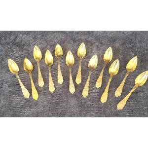 12 Dessert Spoons Silver Vermeil Minerve Napoleon III Period