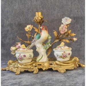 Encrier Meissen et bronze doré  époque  XIXe siècle 