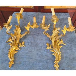 Pair Of Large Wall Sconces, Louis XV-style Bronze, 19th Century 