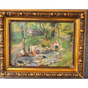 Les lavandières h/c sg et datee Maude Valle 1902