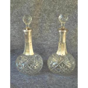 Pair Of Baccarat Carafes With Silver Mounts By M. Nicoud, Paris, Early 20th Century