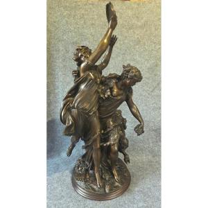 Large Bronze Sculpture Of Bacchantes And A Faun, Signed Clodion, H 63 Cm
