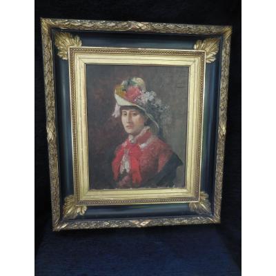 Huile Sur Toile école Française XIX E Siècle; Portrait De Mme De V... Au Chapeau Sg Apret