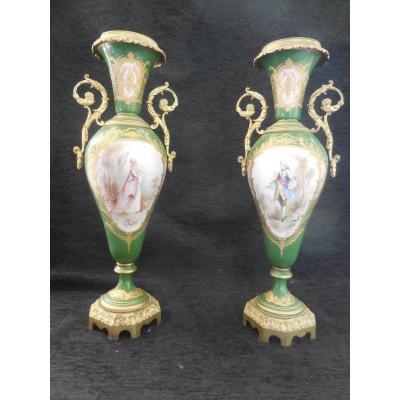 Pair Of Porcelain Vases Mounted Bronze Sèvres Decor 19th Century