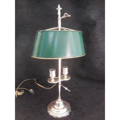 Petite Lampe De Bouillotte En Bronze Argenté à Deux Feux époque Début Du XIXe Siècle Ht 47cm